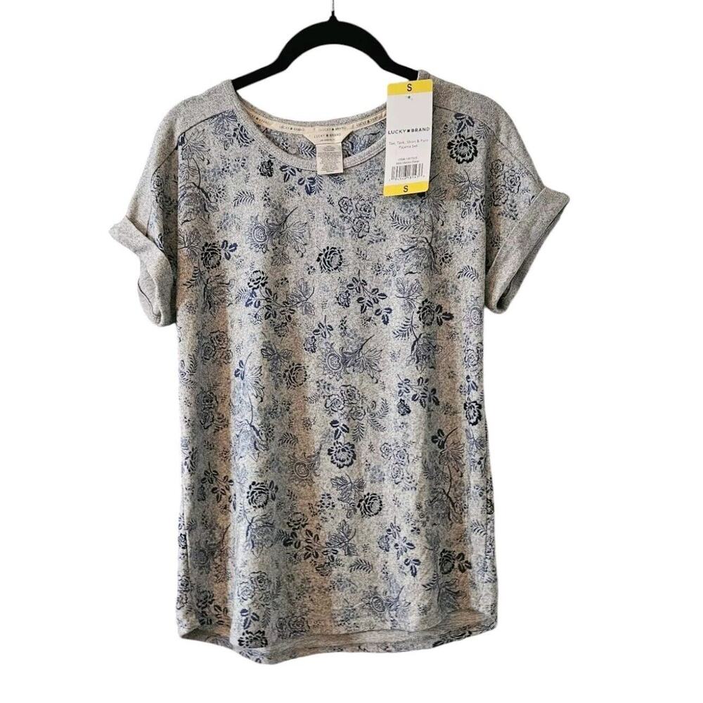 Lucky Brand NWT Women Small Grey Blue Floral Pajama Sleepwear Shirt Super Soft